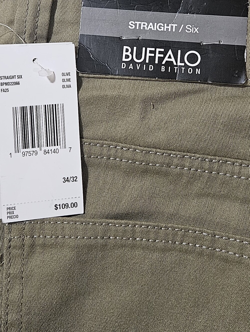 Buffalo David Bitton Six Straight Jeans Mens Olive Green Stretch Denim Size34x32 - Picture 8 of 9